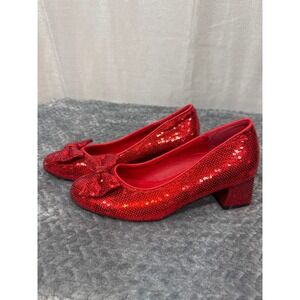 The Wizard of Oz Ruby Slippers Red Sequin Block Heel Pumps Dorothy Bow Shoes 6